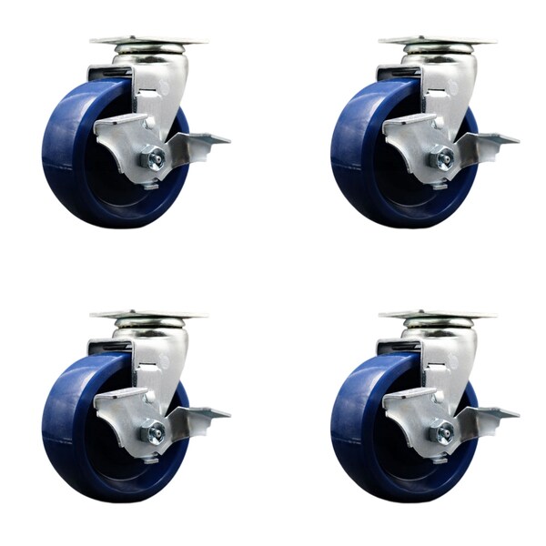 Service Caster 5 Inch Solid Polyurethane Swivel Caster Set with Roller Bearings and Brakes SCC-20S520-SPUR-TLB-4 - main